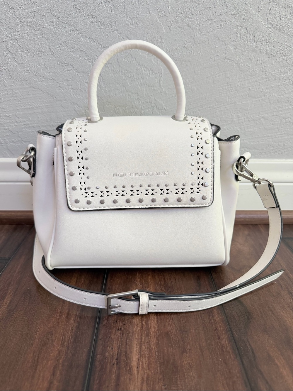 French Connection White Laser-Cut Studded Top Handle Satchel